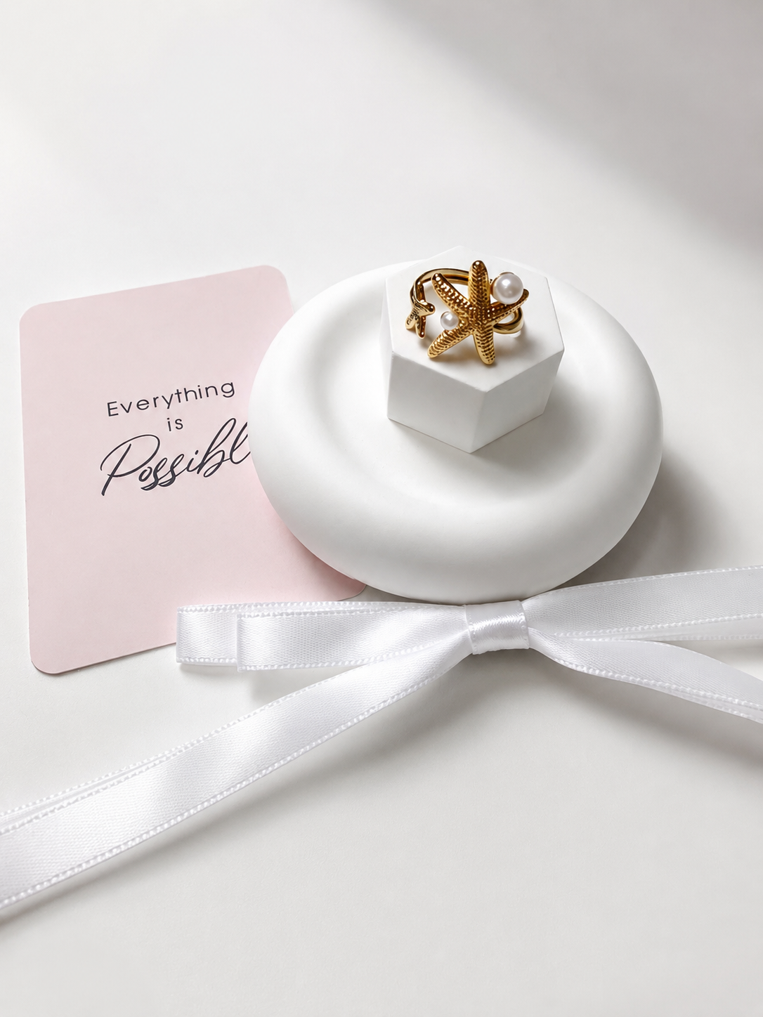 Gold Starfish & Pearl Adjustable Ring