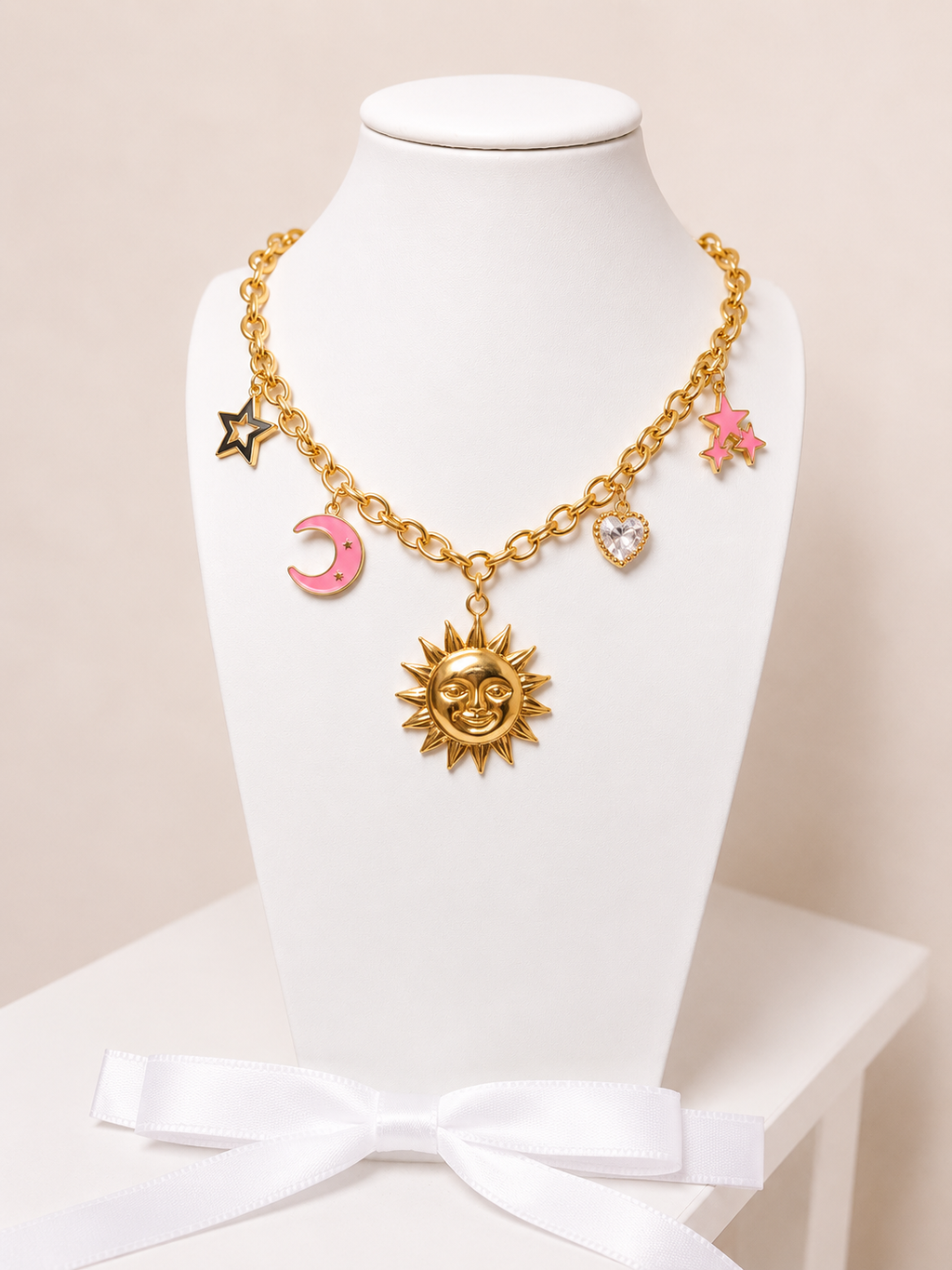 Crescent And Sun Necklace, 18K Gold Plated Steel