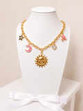 Crescent And Sun Necklace, 18K Gold Plated Steel