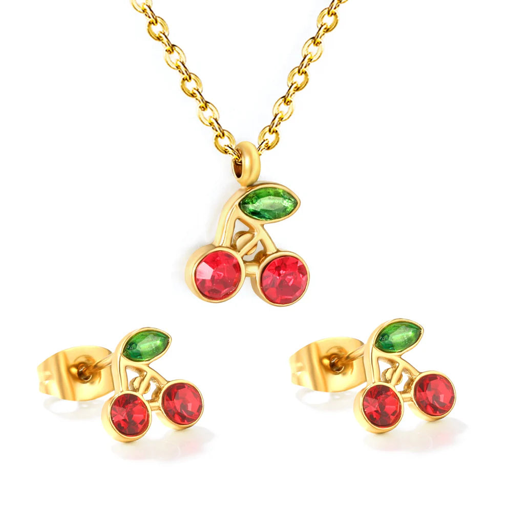 Stainless Steel Cherry-Design Earrings and Necklace