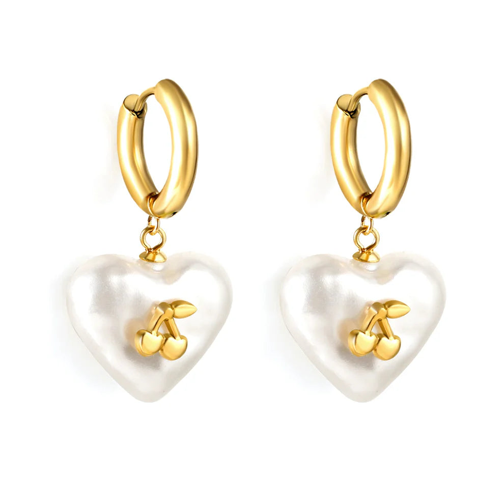 Fashion Heart Shaped White Pearl + Cherry Stud Earrings