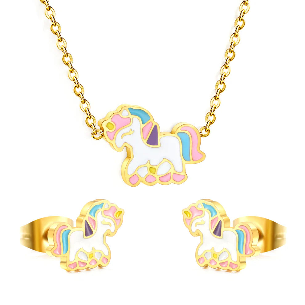 Pony Earrings and Pendant Set, Gold-Colored