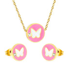 Round Butterfly Sticky White Diamonds Set Gold Earrings