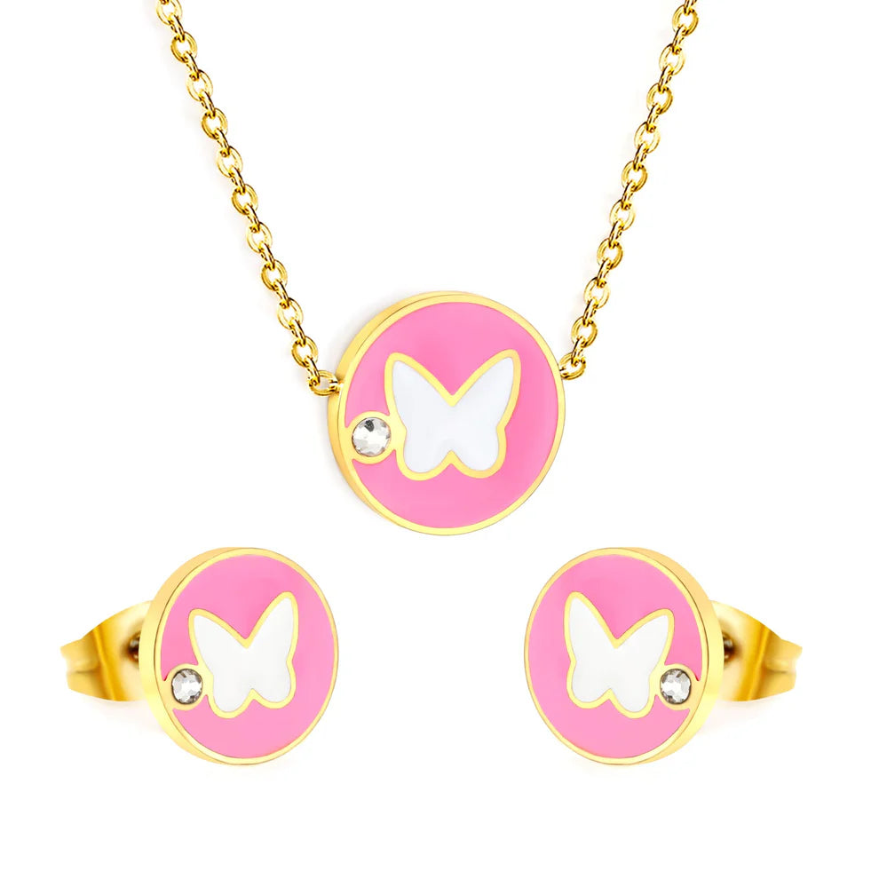 Round Butterfly Sticky White Diamonds Set Gold Earrings