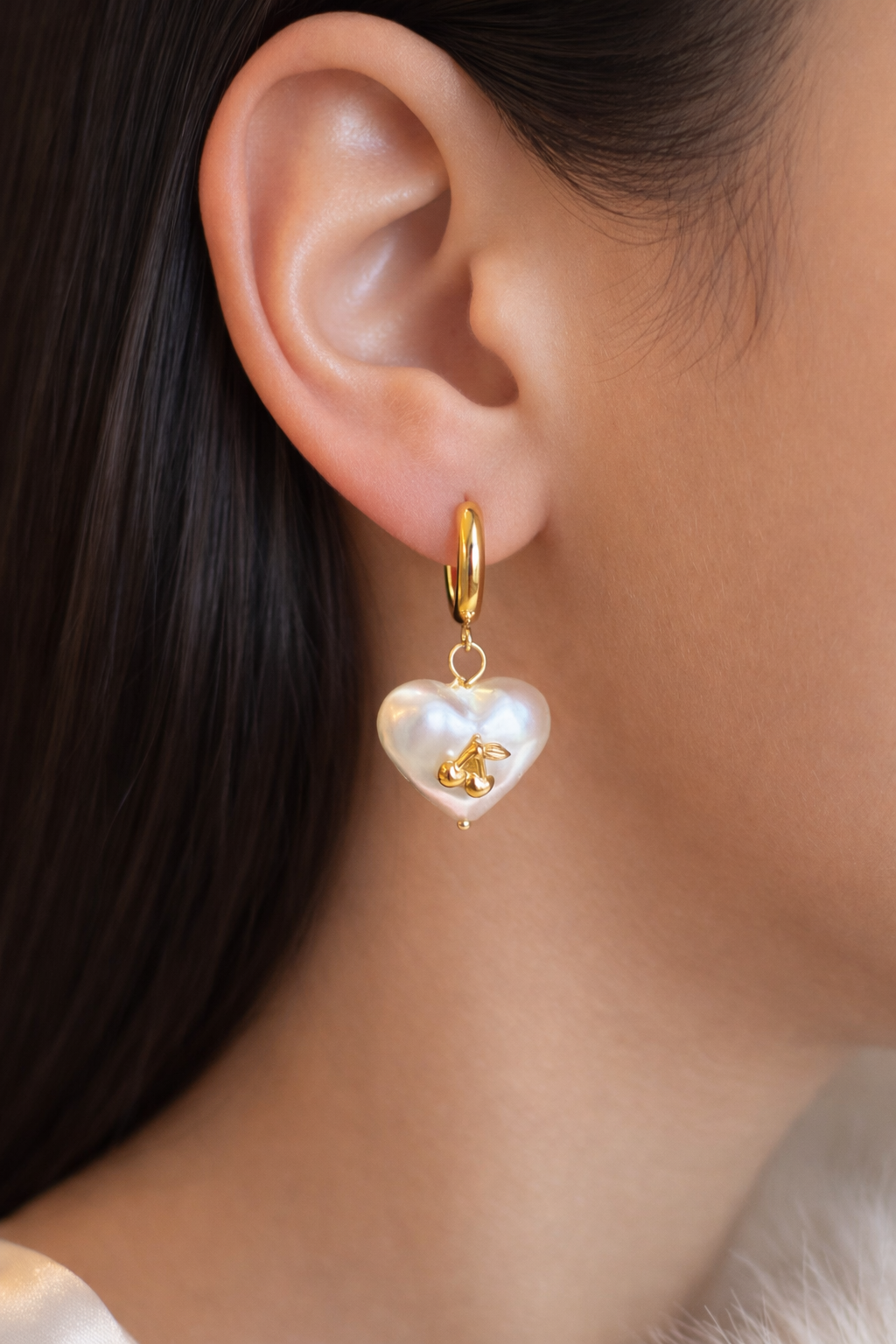 Fashion Heart Shaped White Pearl + Cherry Stud Earrings