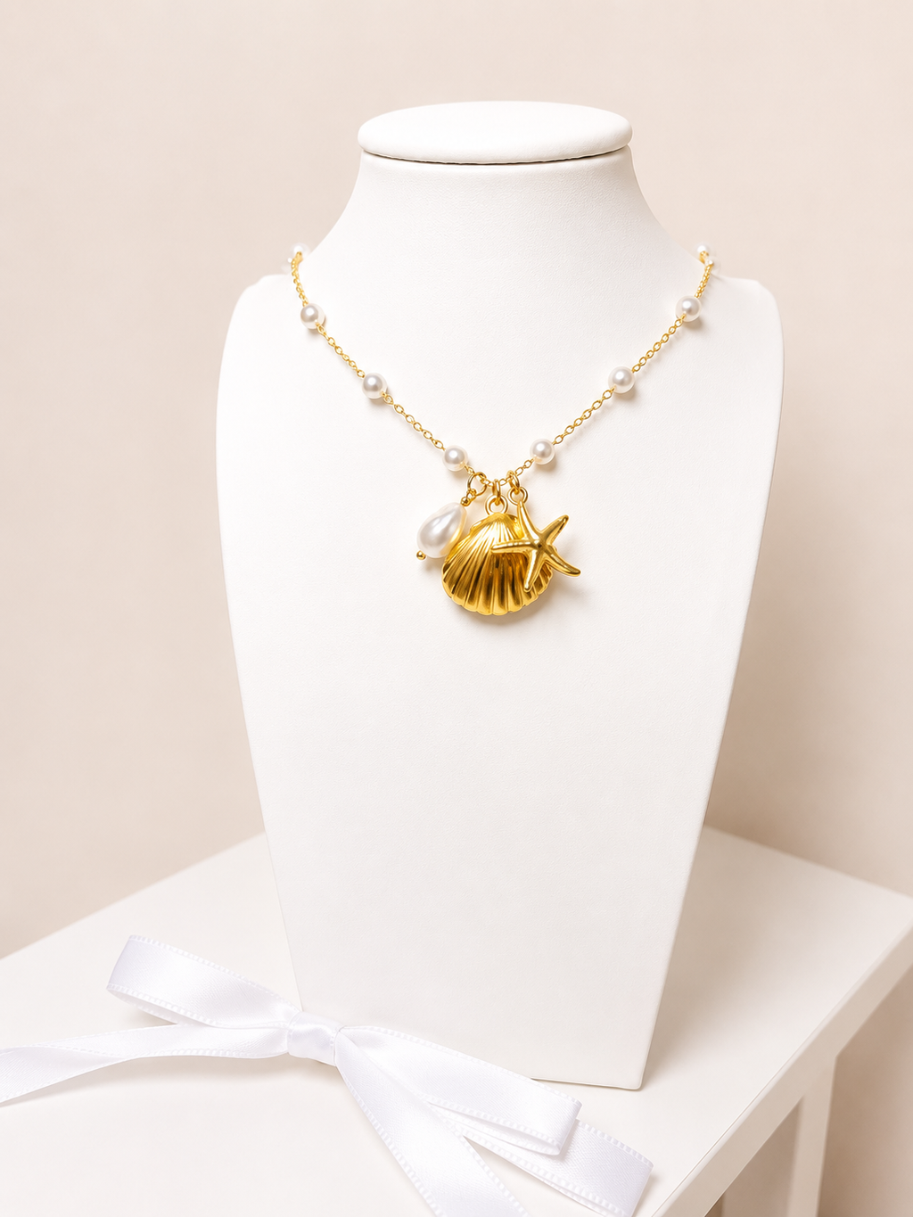 Starfish And Seashell Necklace, 18K Gold Plated Steel