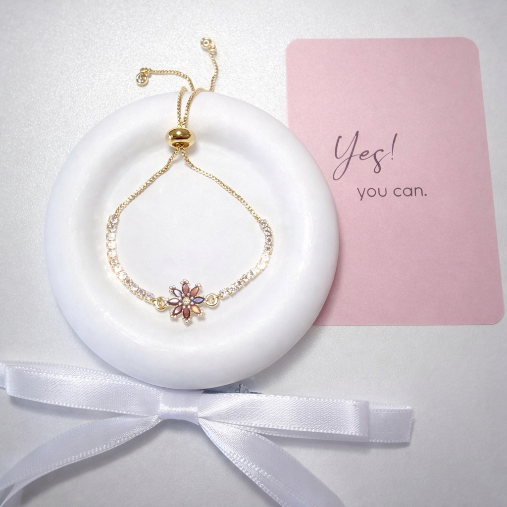 Adjustable Gold Plated Flower Bracelet with Cubic Zirconia