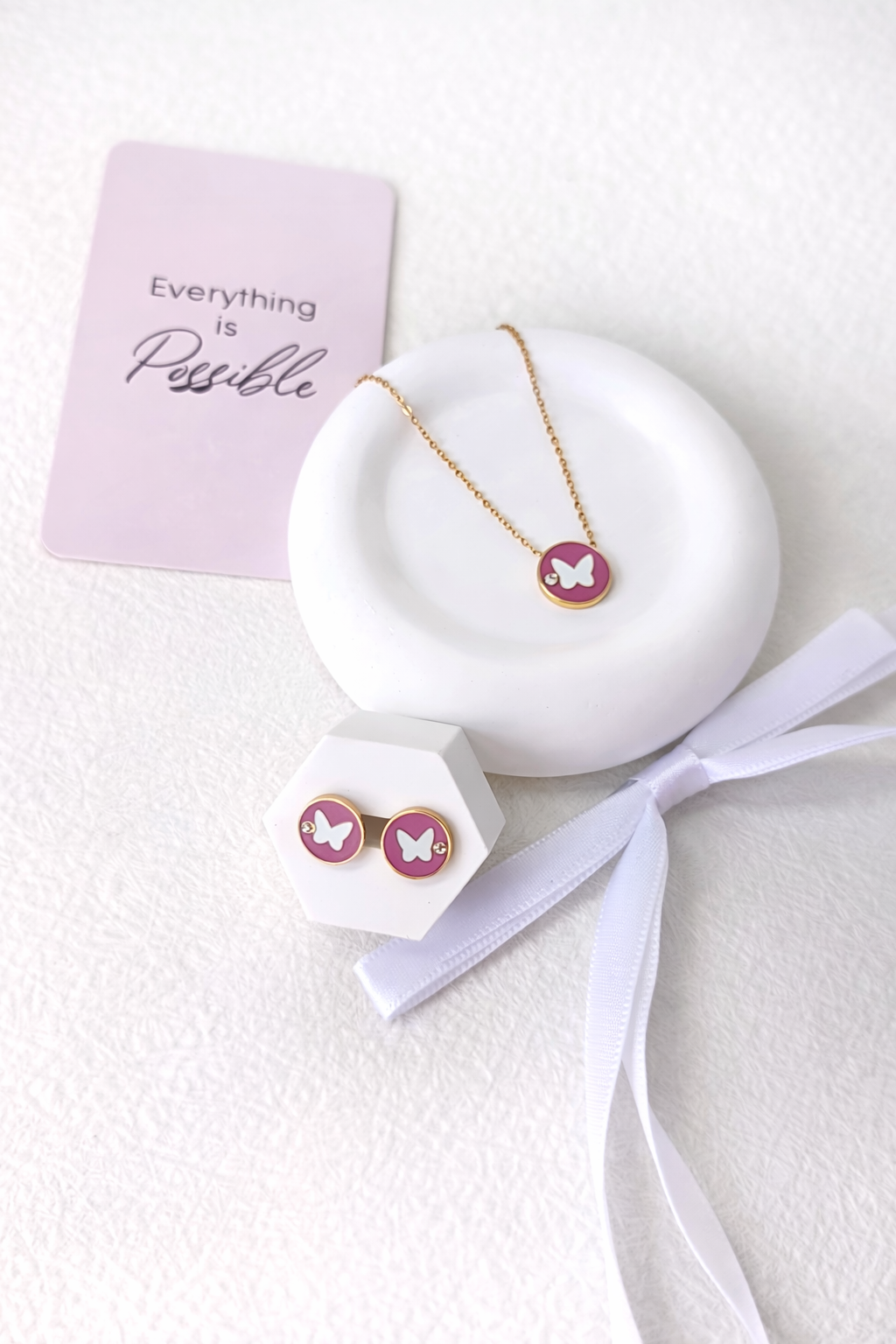 Round Butterfly Sticky White Diamonds Set Gold Earrings