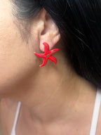 Red Starfish Stud Earrings 18K Gold Plated Stainless Steel with Enamel