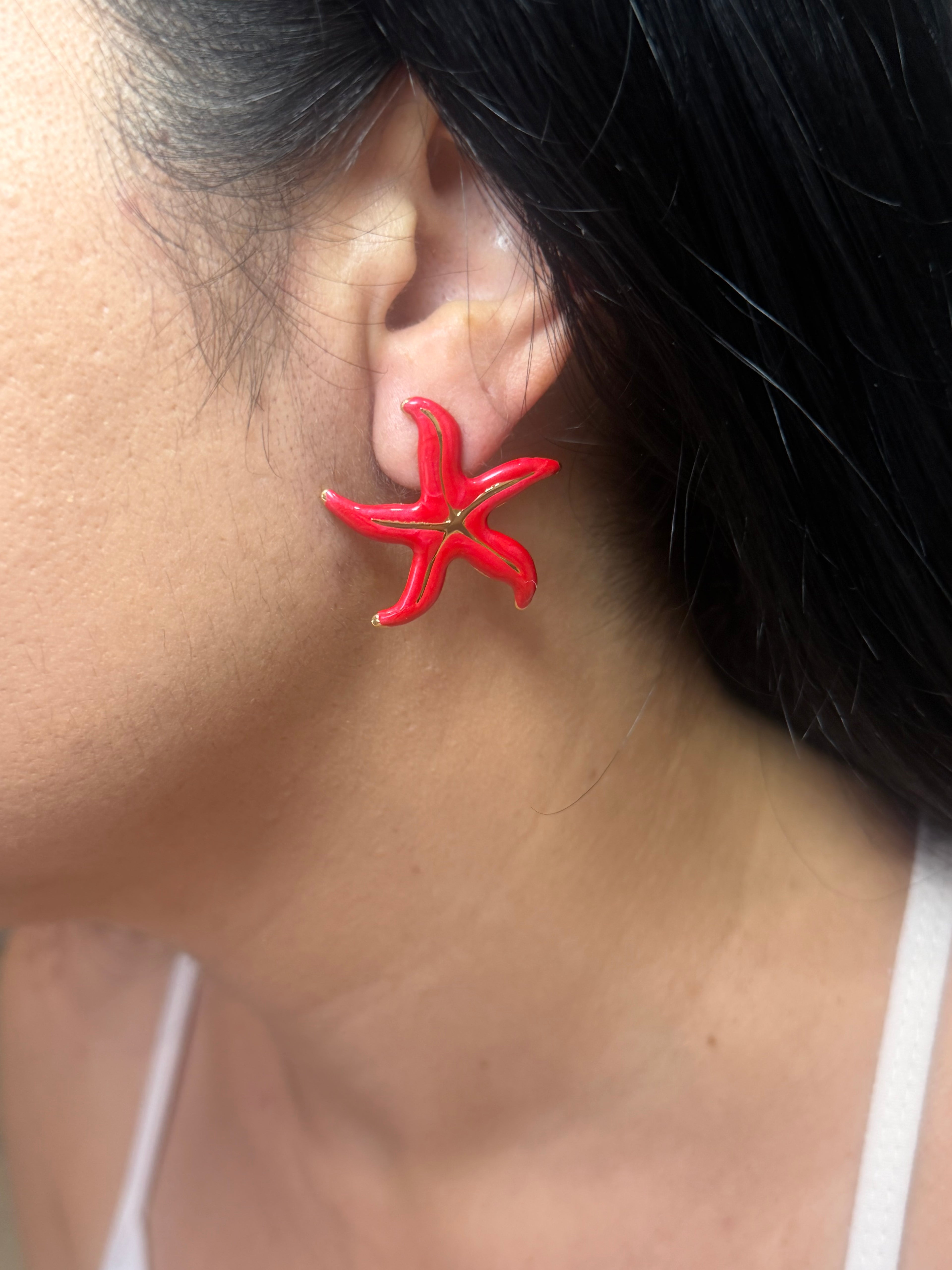 Red Starfish Stud Earrings 18K Gold Plated Stainless Steel with Enamel