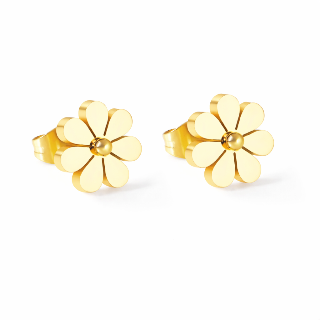 Small flower-shaped stud earrings in gold-tone stainless steel
