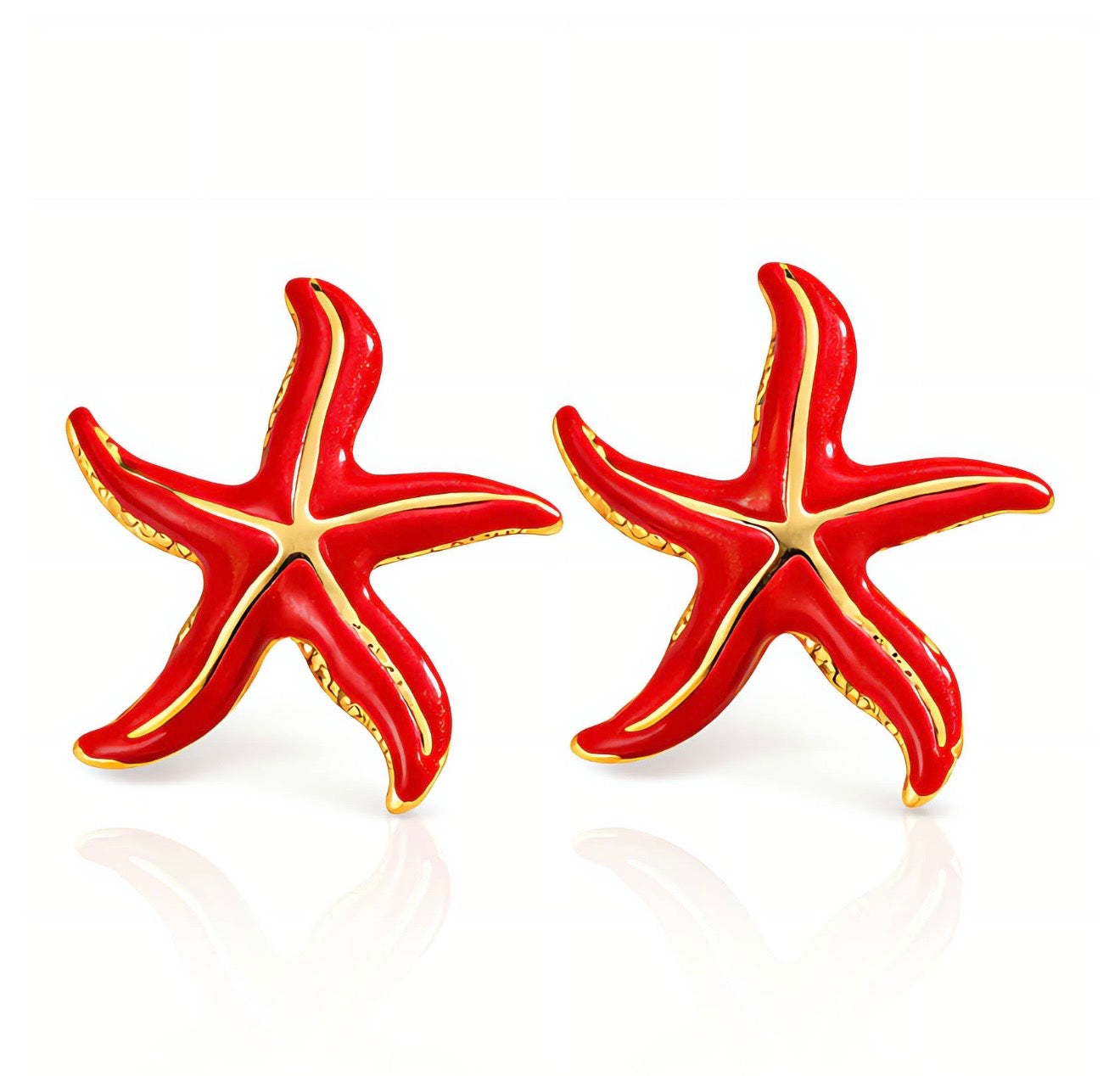 Red Starfish Stud Earrings 18K Gold Plated Stainless Steel with Enamel