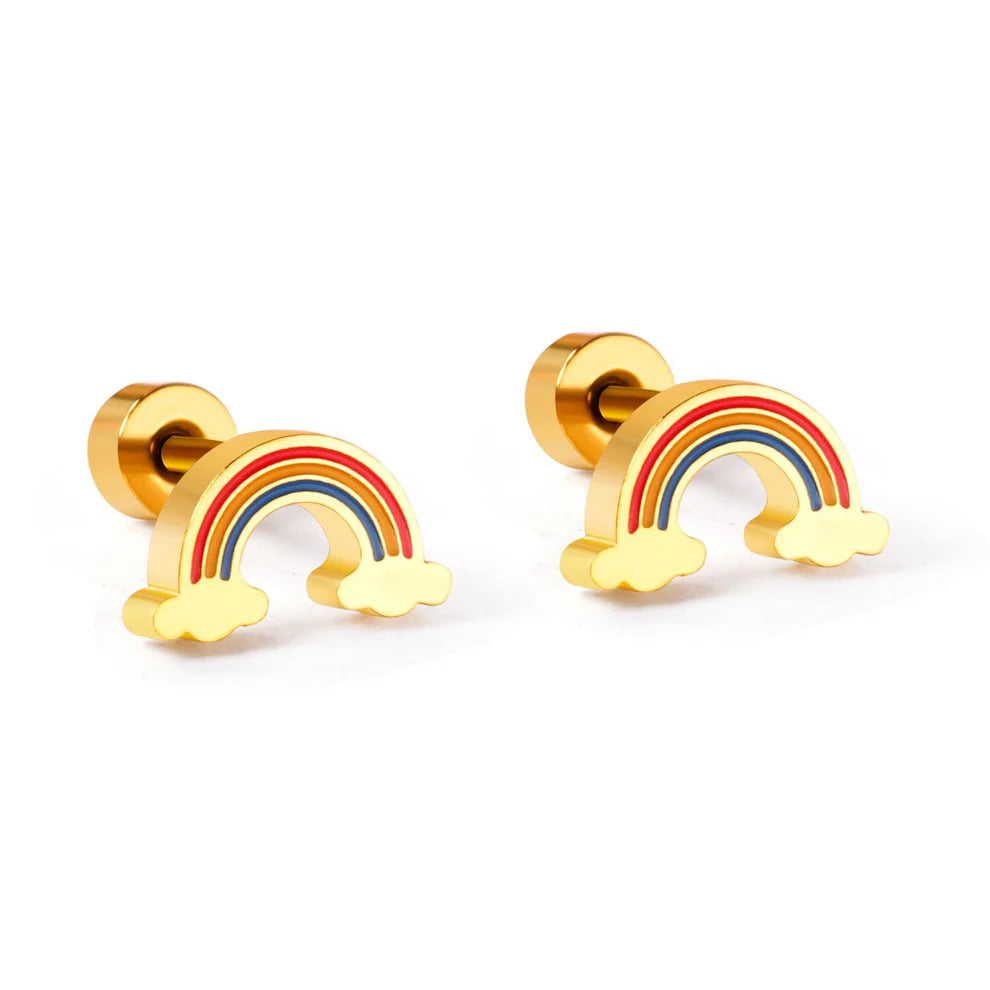 Gold-tone stainless steel set with a chain and rainbow earrings