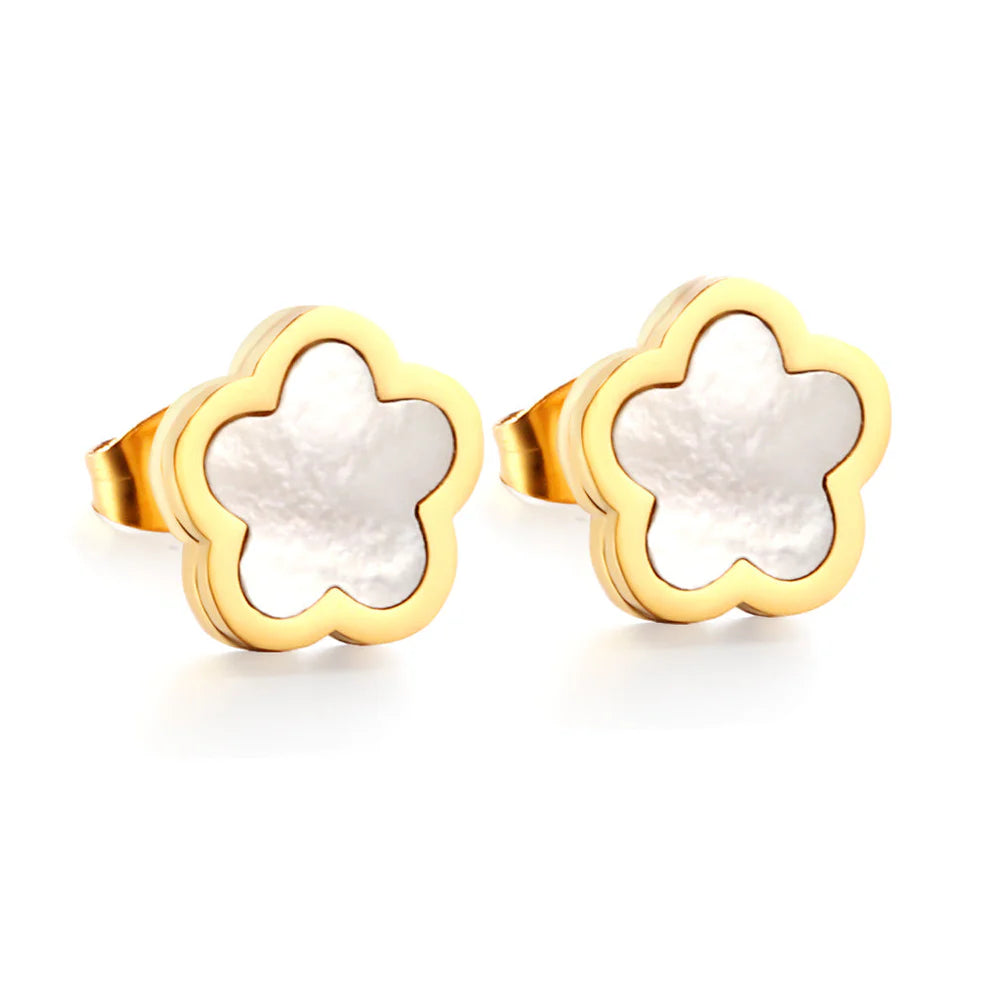 Stainless Steel Peach Blossoms with White Shell Cutting Stud Earrings