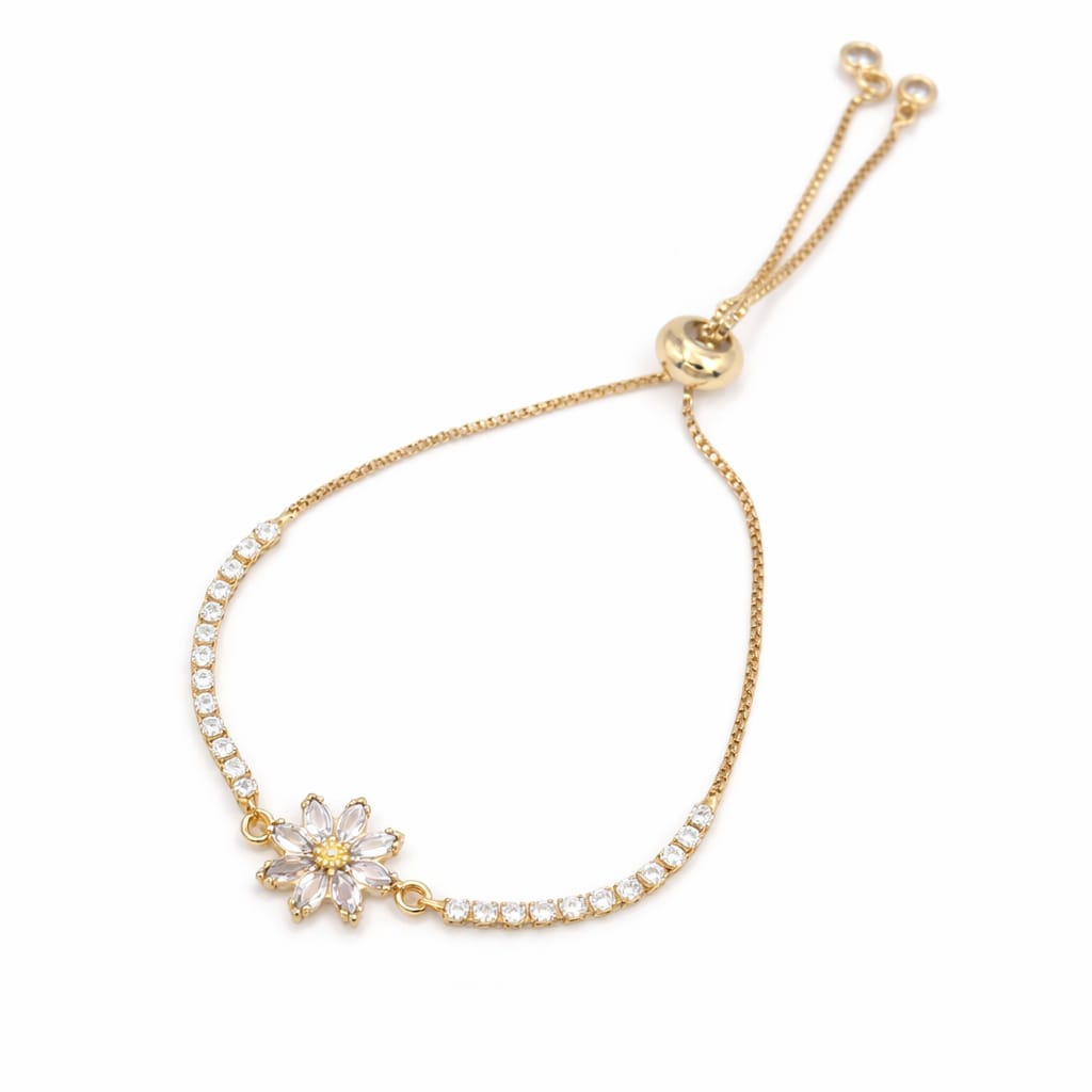 Adjustable Gold Plated Flower Bracelet with Cubic Zirconia