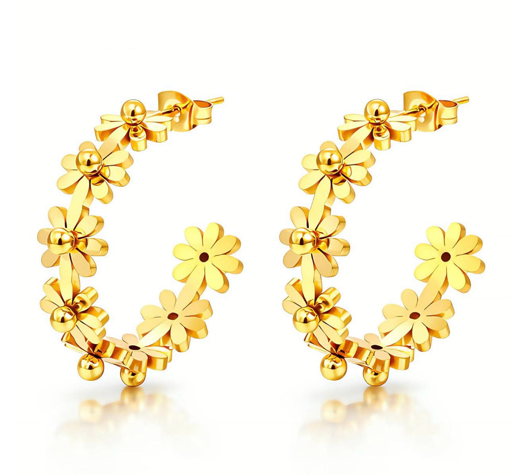 Floral Hoop Earrings – 18K Gold Plated
