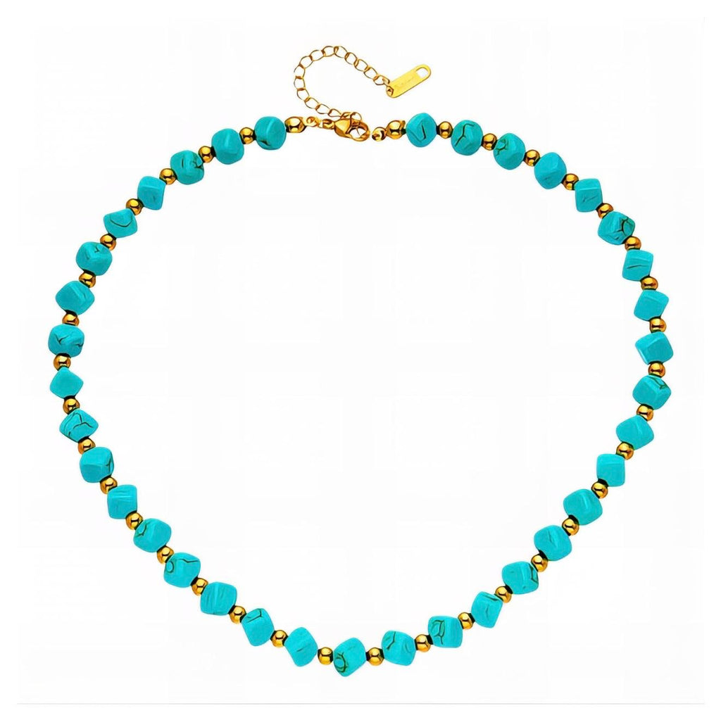 Necklace with turquoise stones and 18-karat gold-plated steel beads.