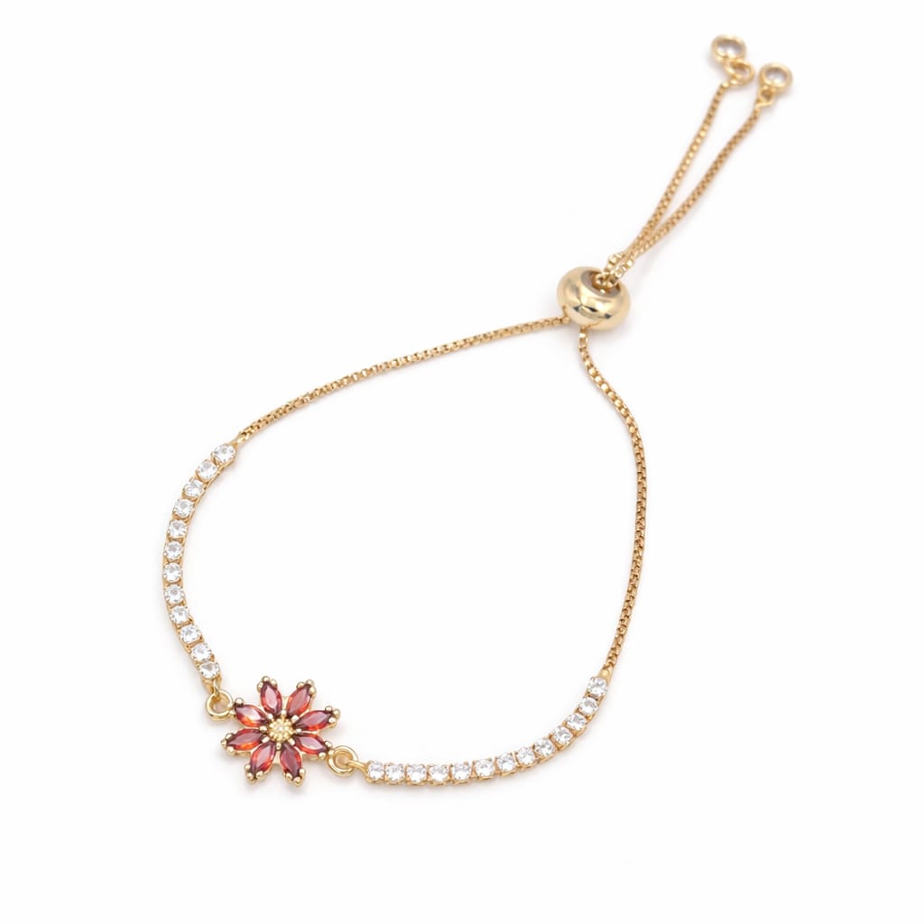 Adjustable Gold Plated Flower Bracelet with Cubic Zirconia