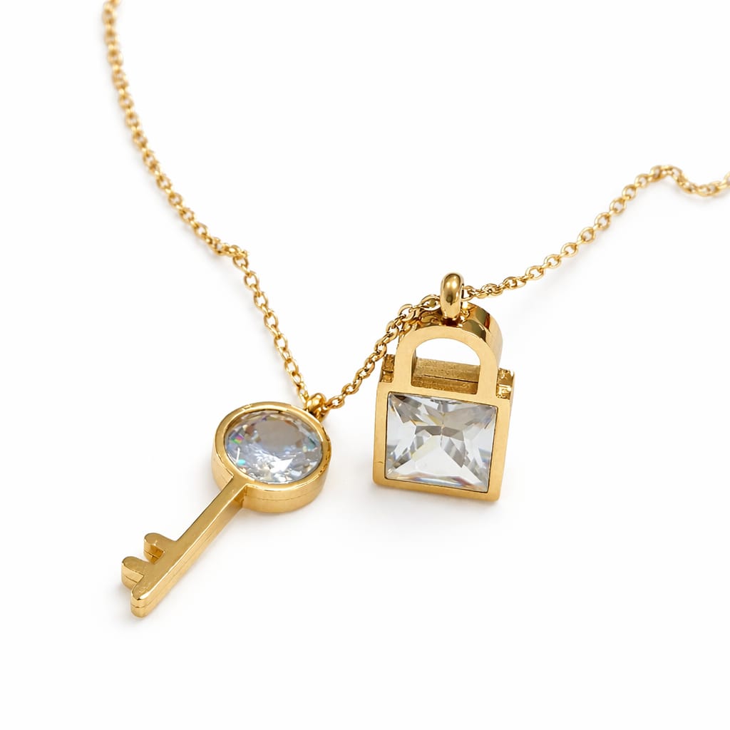 18k Gold Plated Key Lock with White Diamond Accessory Necklace