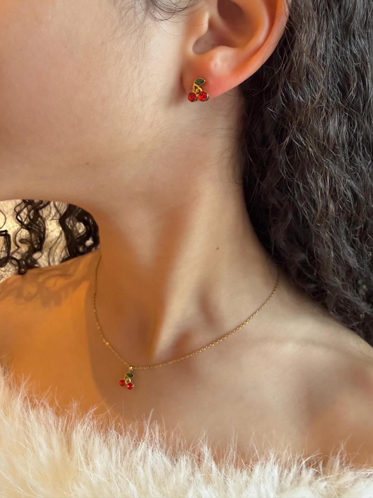 Stainless Steel Cherry-Design Earrings and Necklace