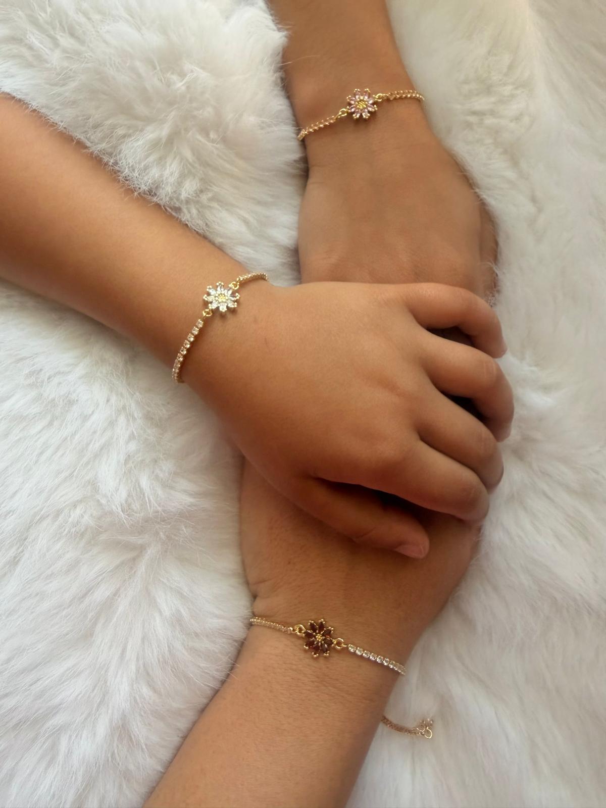 Adjustable Gold Plated Flower Bracelet with Cubic Zirconia