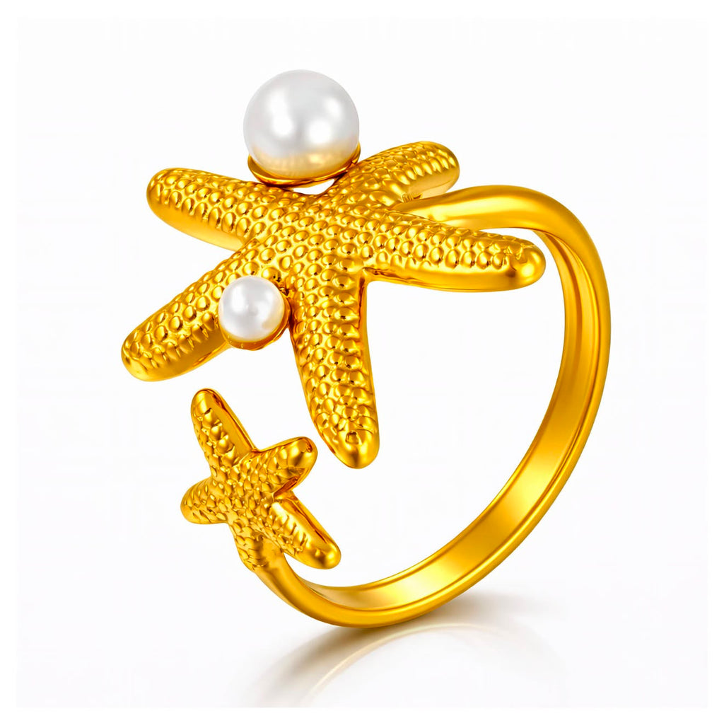 Gold Starfish & Pearl Adjustable Ring