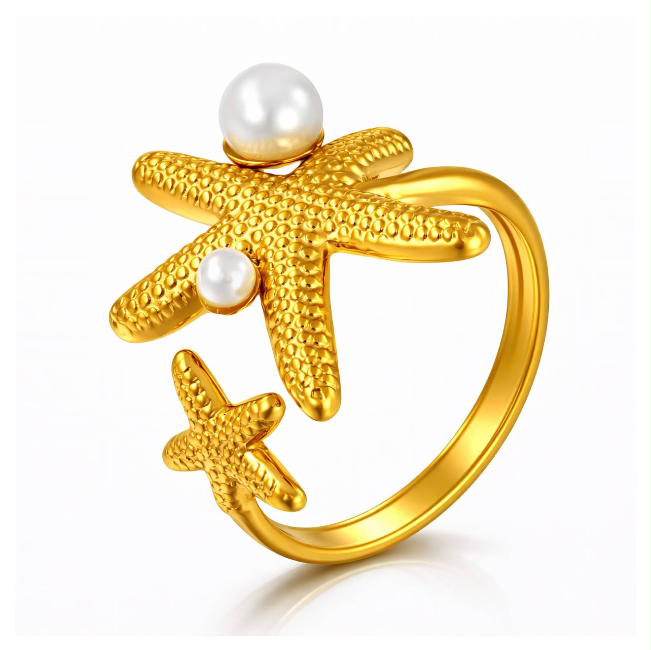 Gold Starfish & Pearl Adjustable Ring