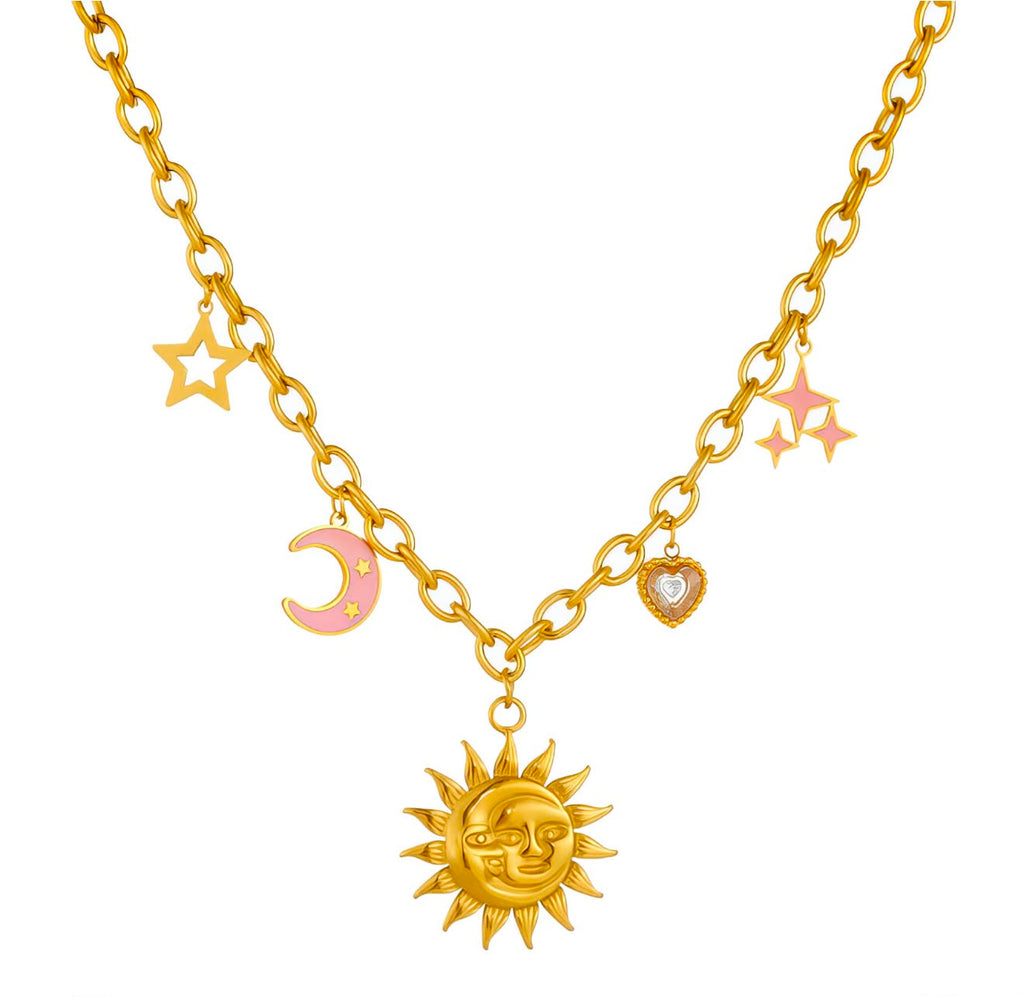 Crescent And Sun Necklace, 18K Gold Plated Steel
