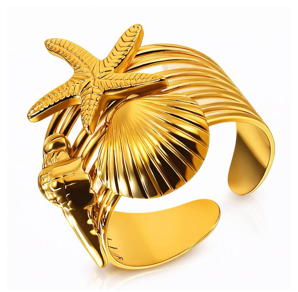 Gold Starfish & Seashell Adjustable Ring