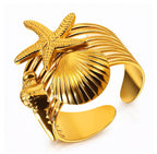 Gold Starfish & Seashell Adjustable Ring