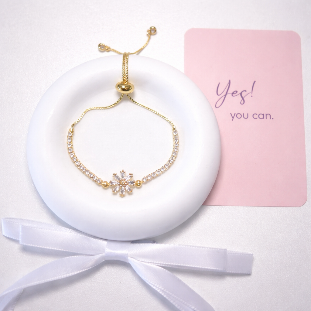 Adjustable Gold Plated Flower Bracelet with Cubic Zirconia
