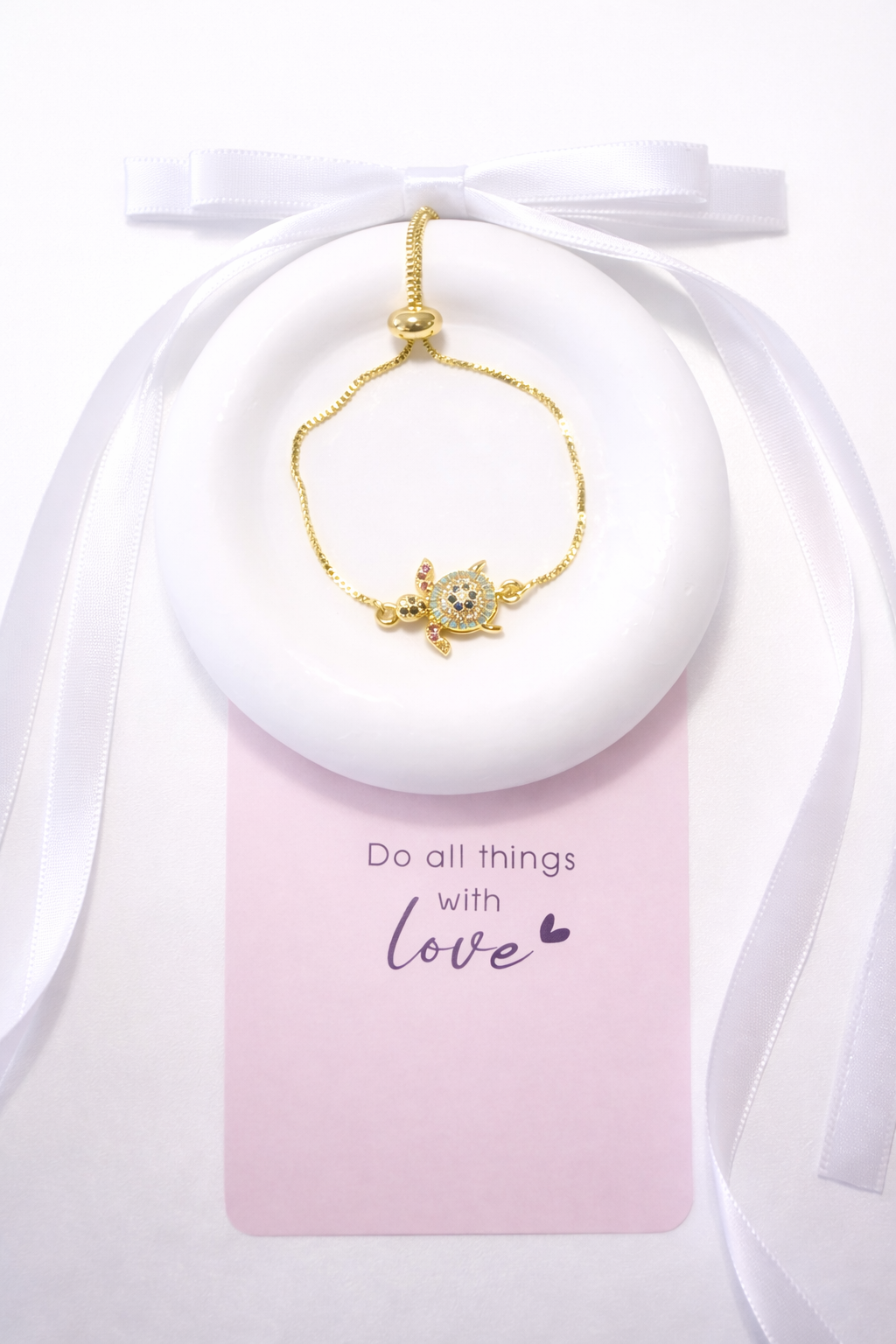 Adjustable Gold Plated Turtle Bracelet with Cubic Zirconia