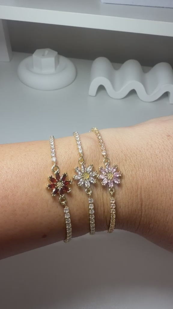 Adjustable Gold Plated Flower Bracelet with Cubic Zirconia