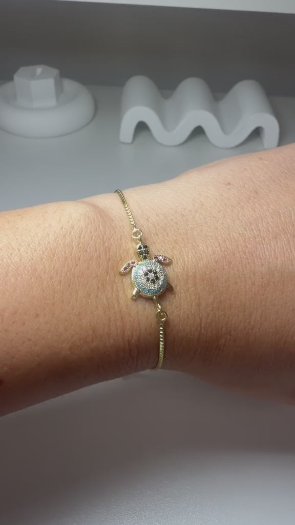 Adjustable Gold Plated Turtle Bracelet with Cubic Zirconia