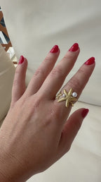 Gold Starfish & Pearl Adjustable Ring
