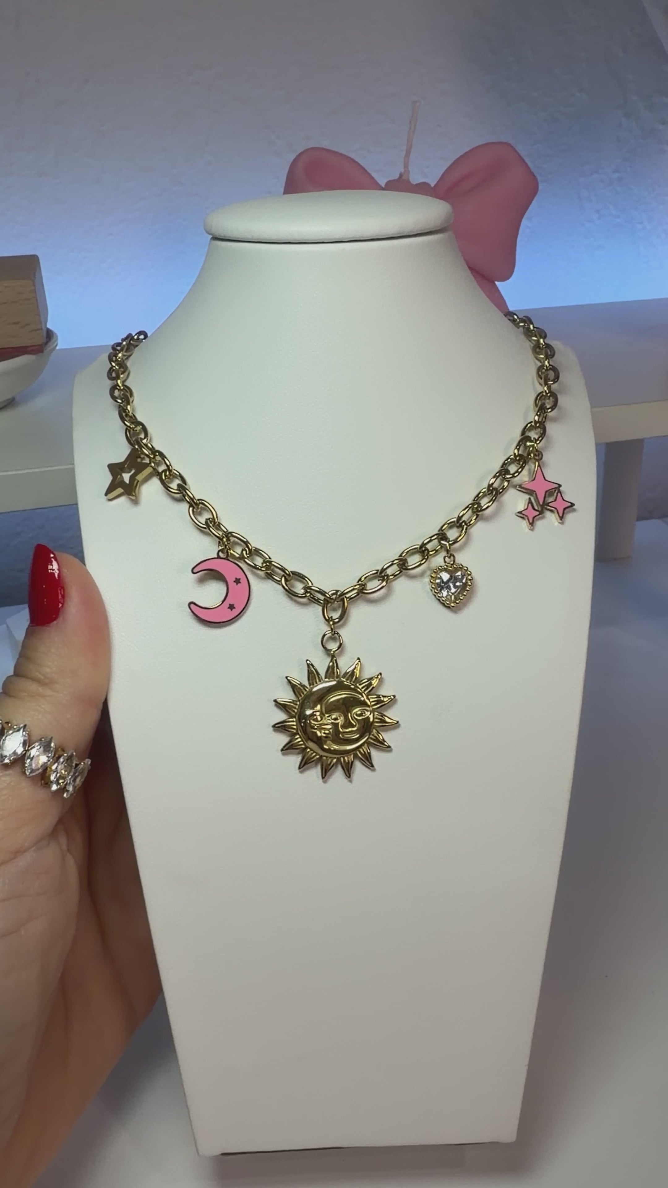 Crescent And Sun Necklace, 18K Gold Plated Steel