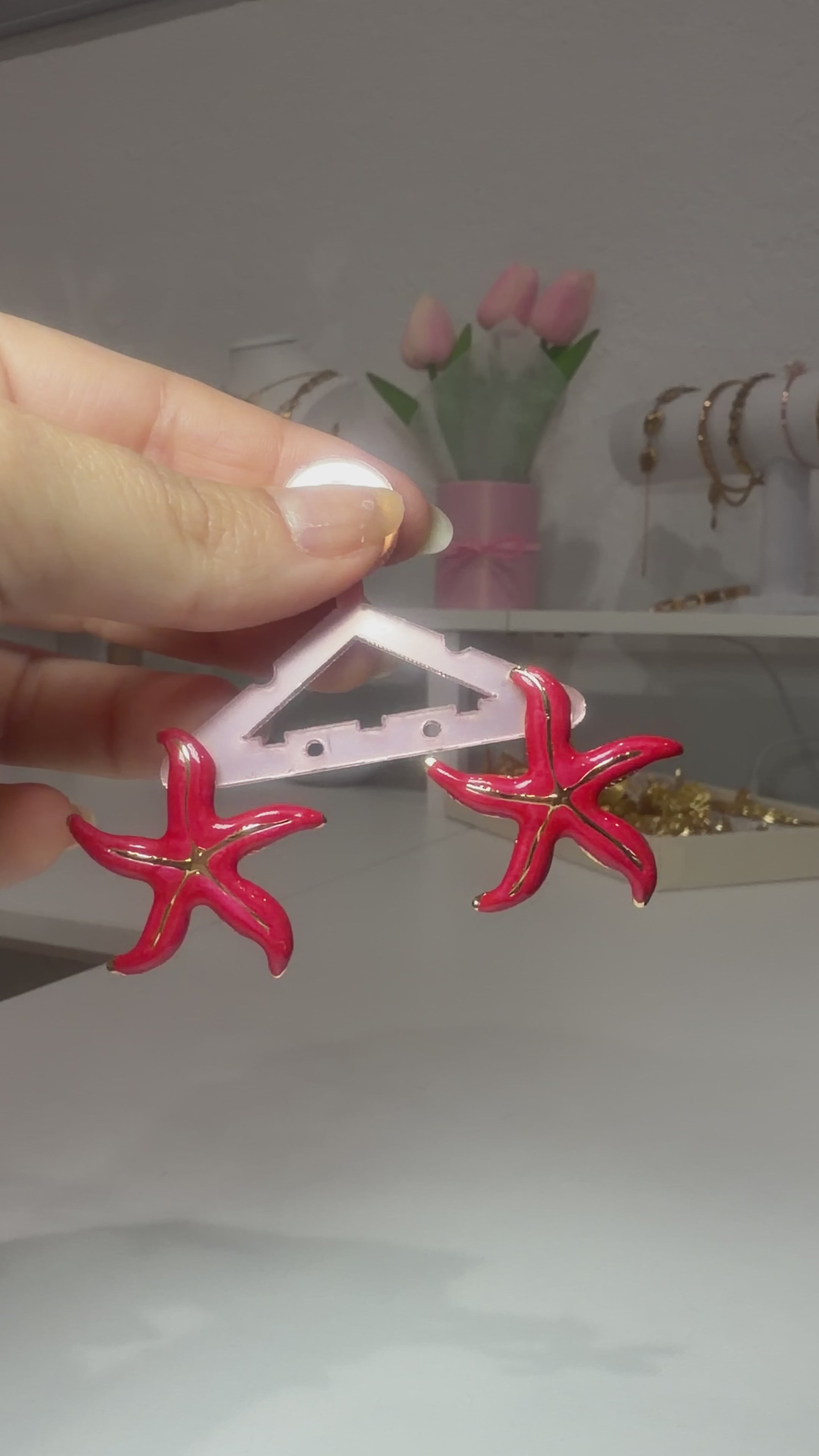 Red Starfish Stud Earrings 18K Gold Plated Stainless Steel with Enamel
