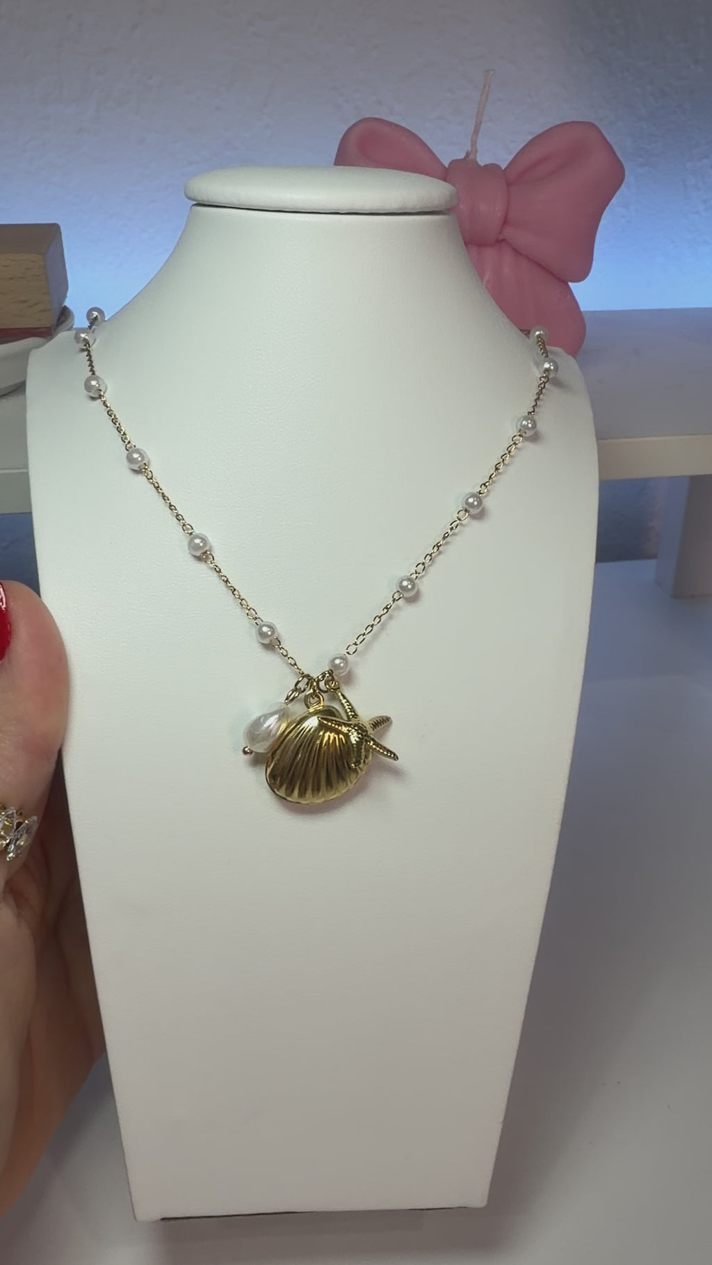 Starfish And Seashell Necklace, 18K Gold Plated Steel